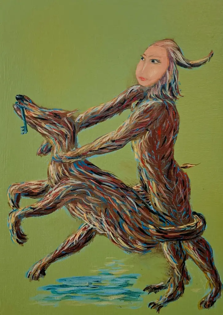 Two mythological creatures, both with brown fur and tails. The creature on the left is wolf like. The other creature has the body of an animal and the face of a human. They are painted on a green background